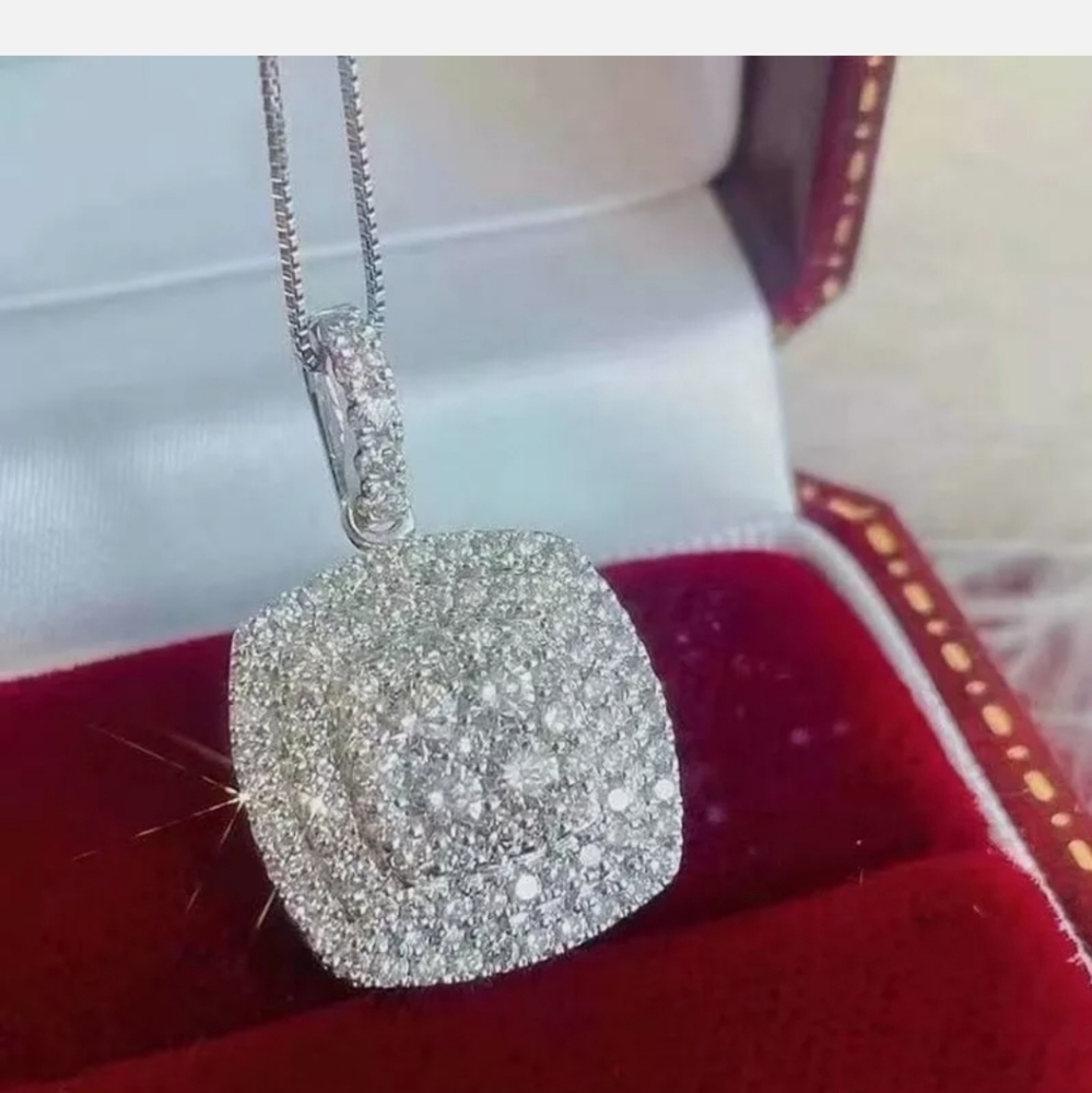 Pave Cubic Zirconia Diamond 925 Silver Necklace - Picture 1 of 6